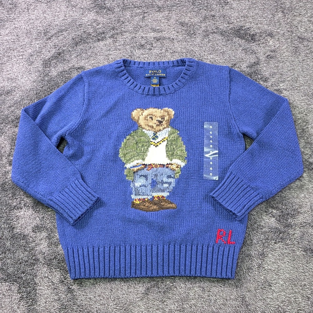 Ralph Lauren Polo Bear Sweater Kids Size 5 Intarsia Chunk Knit Preppy Bear Blue